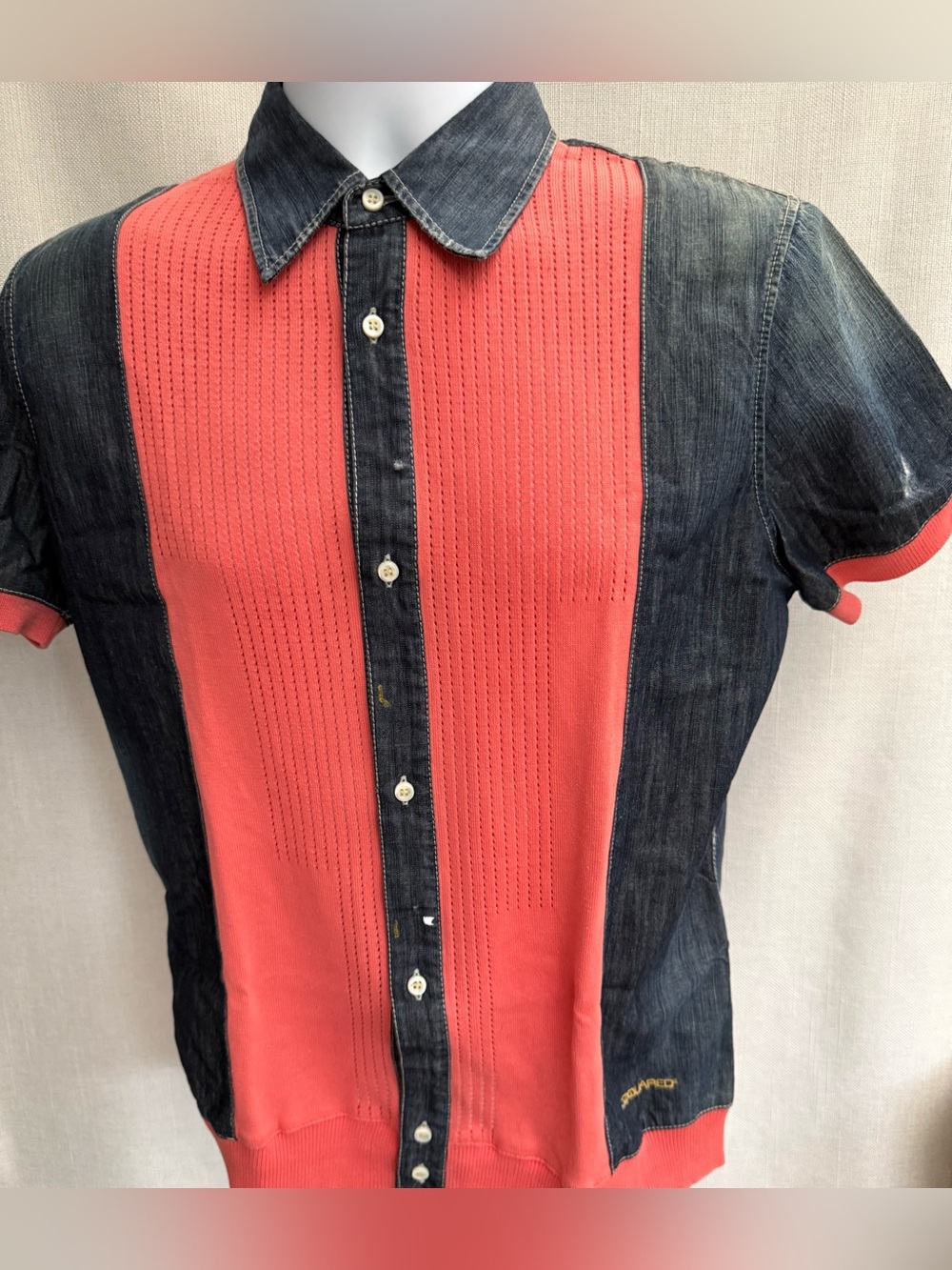DSQUARED2 vintage Coral Knit & Denim-Trim Short Sleeve Button-Down Shirt